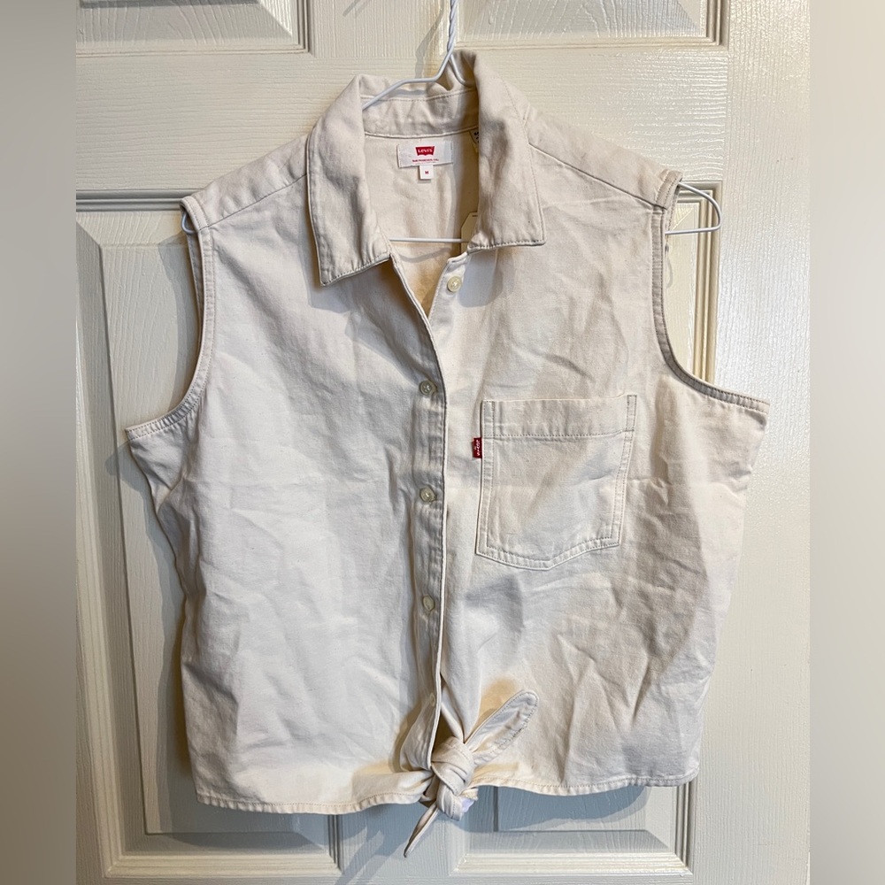 Levi's Cream Denim Sleeveless Button-Down Tie Shirt Size Medium